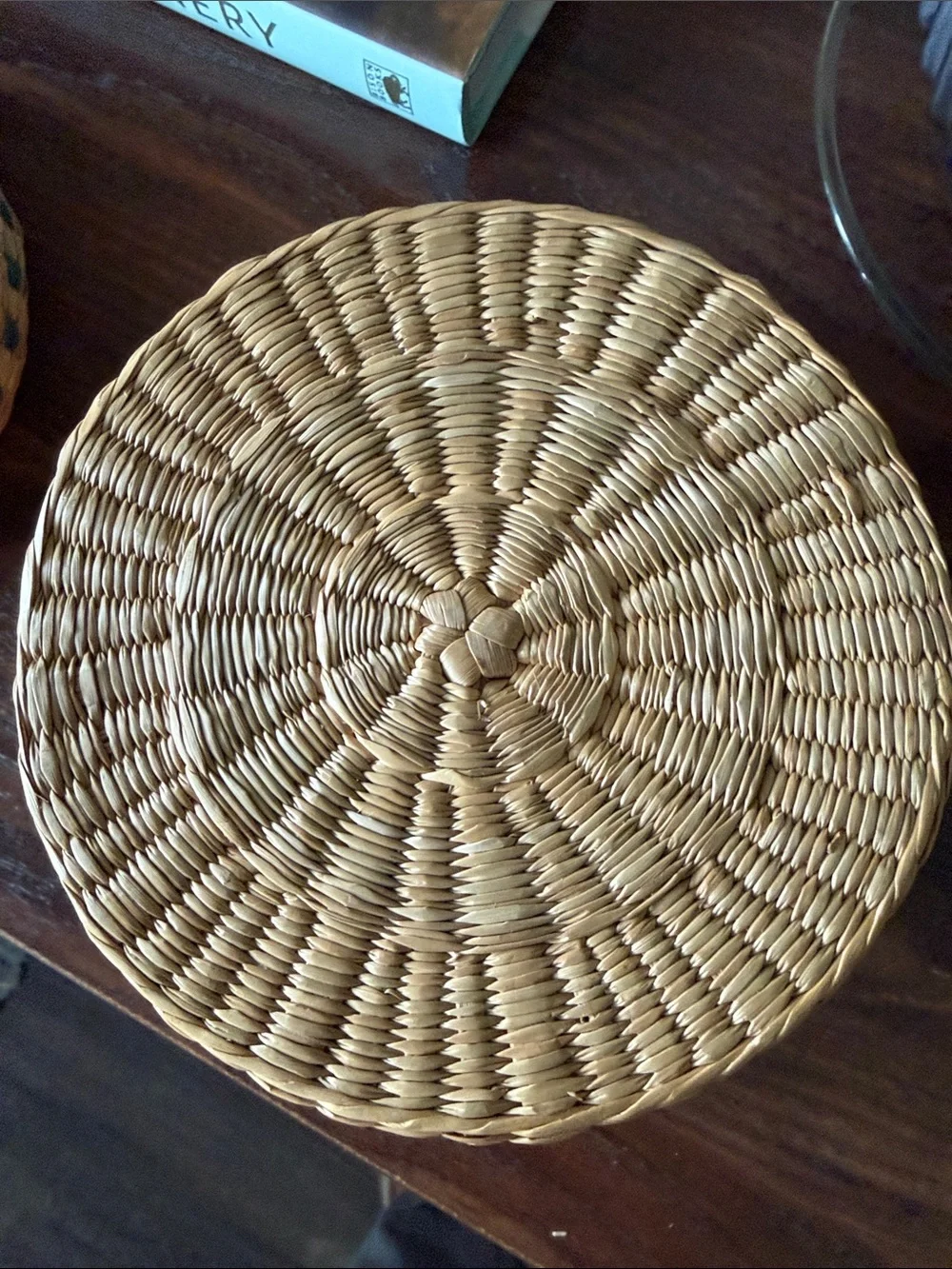 Handwoven Natural Straw Small Storage Basket with Red and Teal Boho Rustic